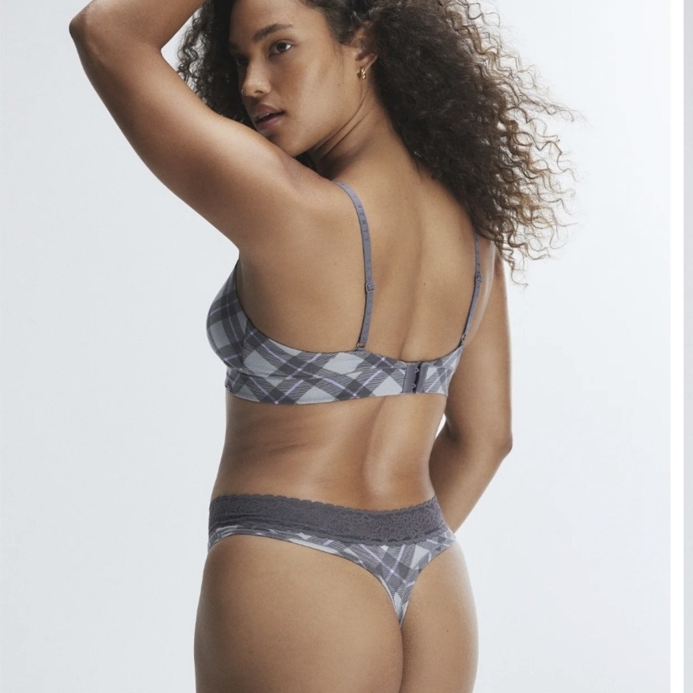 Savage X Fenty Gray Plaid Lace Trim Thong Panties    *Bundle Is Best Deal*